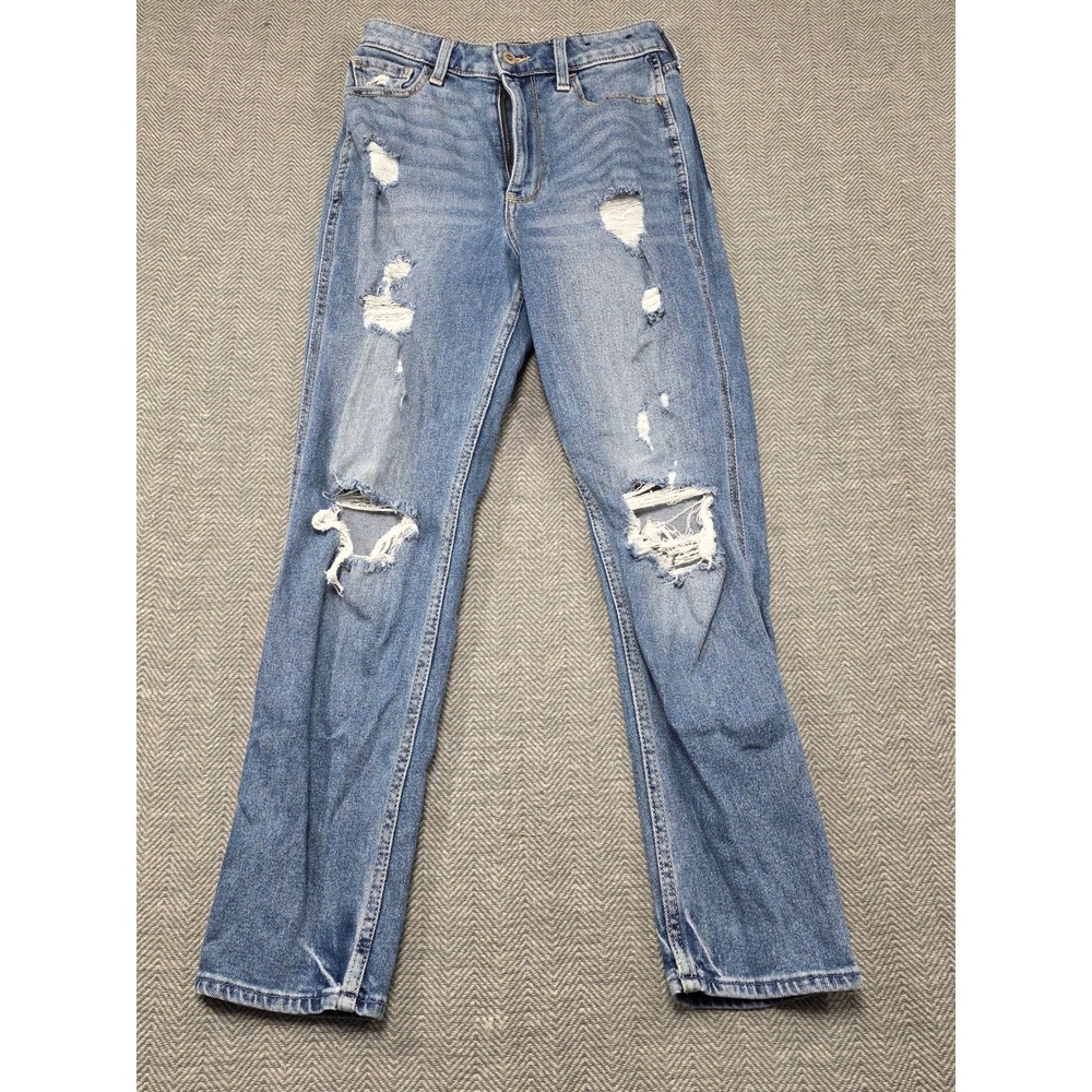 Hollister California Womens Ultra High Rise Mom Jeans Distressed Blue W24 L27
